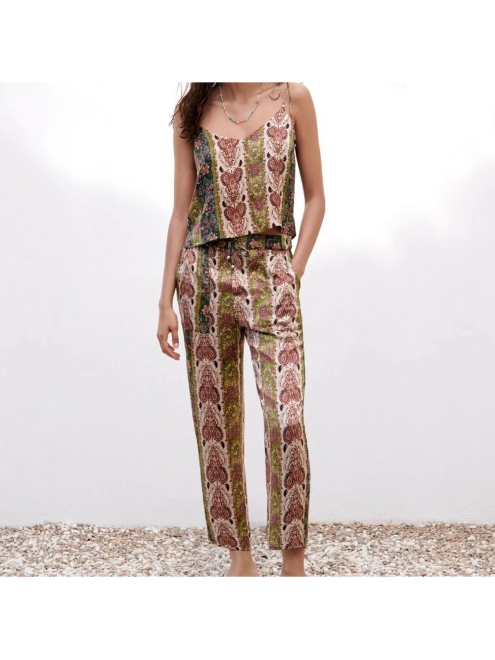 Zara Green Multi Paisley Print Straight-Leg Pants & Crop Top Set
